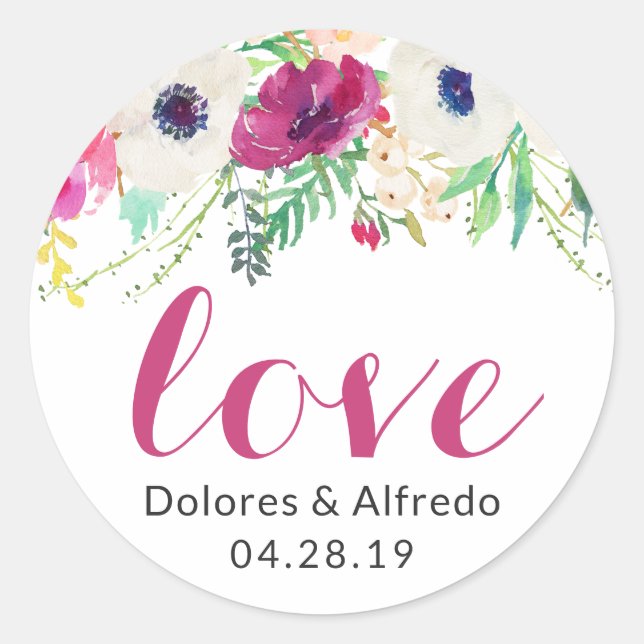 Sticker Rond Crème Aquarelle violette Flore Script d'amour (Devant)