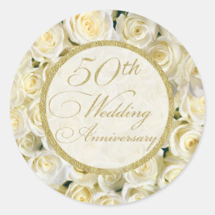Sticker Rond Crème blanche rose 50ème anniversaire Mariage