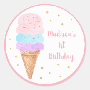 Sticker Rond Crème de glace rose or Pastel Anniversaire
