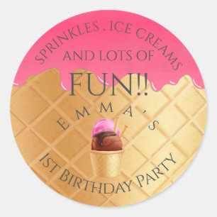 Sticker Rond Crème de glace rose thème Fille d'anniversaire pre