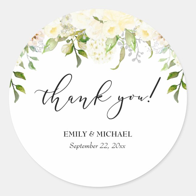 Sticker Rond Crème d'ivoire romantique Merci Mariage Floral (Devant)