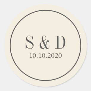 Sticker Rond Crème et gris Monogramme classique Mariage