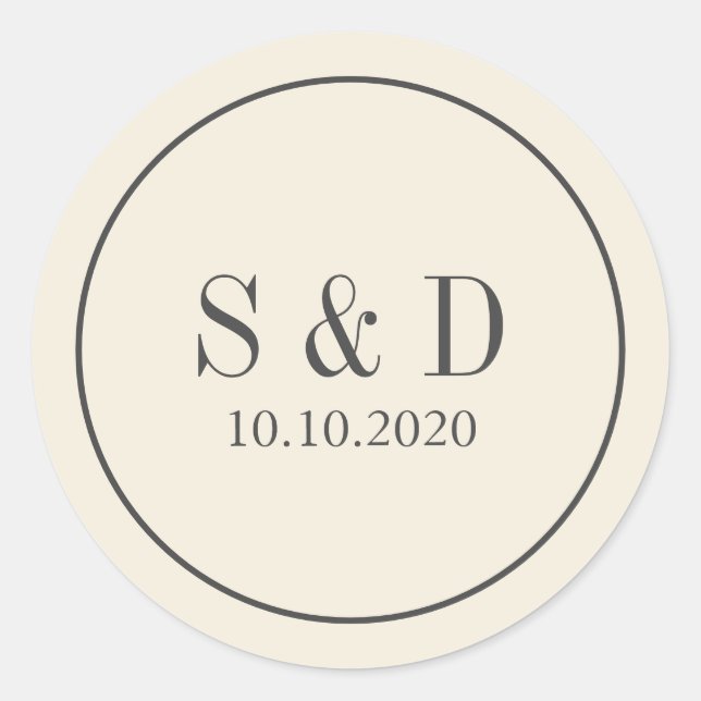 Sticker Rond Crème et gris | Monogramme classique Mariage (Devant)