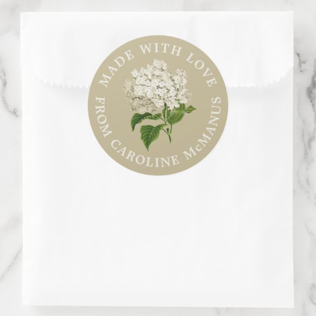 Sticker Rond Crème et Hydrangée verte Fabriquée avec amour (Sac)