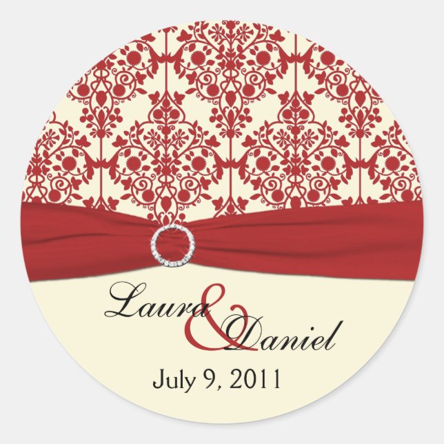Sticker rond crème et rouge Damask 1,5 po (Devant)