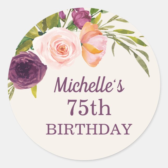 Sticker Rond Crème florale rose pourpre 75e anniversaire (Devant)
