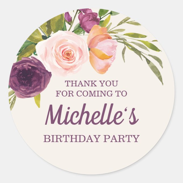 Sticker Rond Crème florale rose pourpre Merci d'anniversaire (Devant)