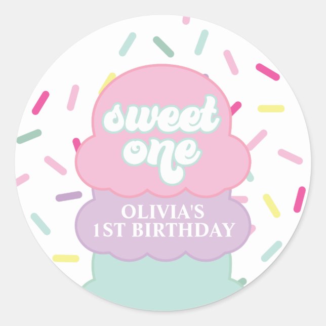 Sticker Rond Crème glacée et arroses sucrées Un 1er anniversair (Devant)