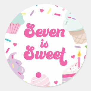 Sticker Rond Crème glacée et gâteau Sept est doux 7e anniversai