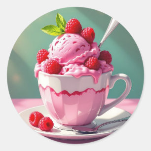 Sticker Rond Crème glacée framboise dans une coupe de café rose