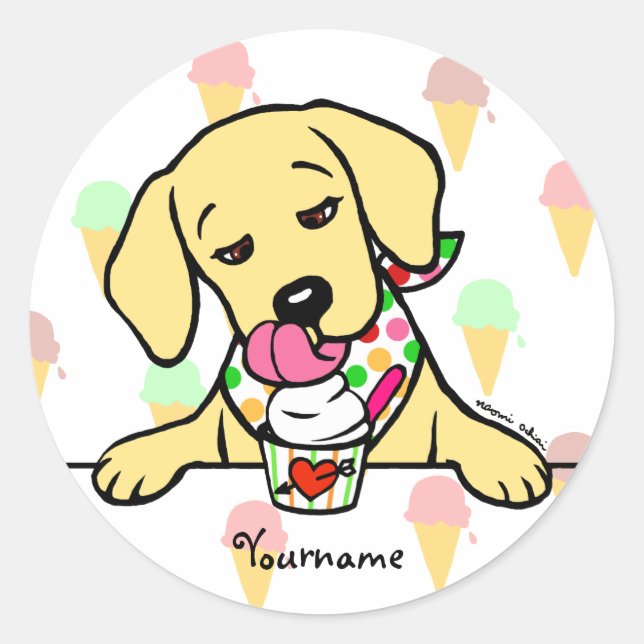 Sticker Rond Crème glacée pour chiot de laboratoire jaune perso (Devant)