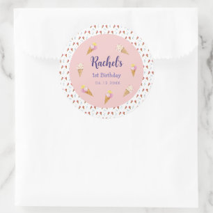 Sticker Rond Crème glacée rose mignonne Cone Girl Anniversaire