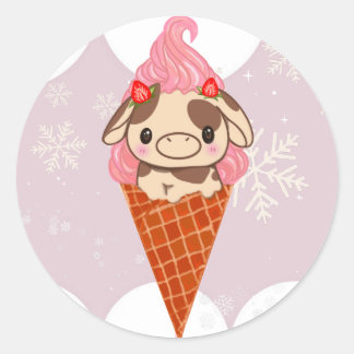 Sticker Rond Crème glacée Vache Conne sucré fraise neige hiver