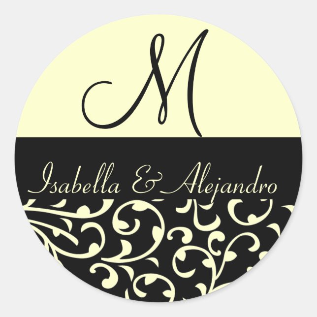 Sticker Rond Crème Noir Swirl Damask Monogramme Marche Étiquett (Devant)