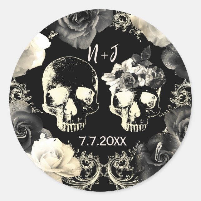 Sticker Rond Crème noire Gris Squelette Crâne Mariage gothique (Devant)