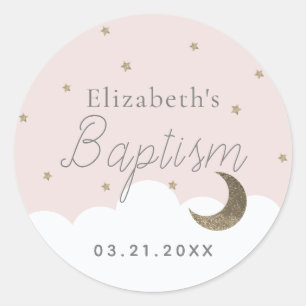 Sticker Rond Crescent Lune & Étoiles Fille Rose Baptême