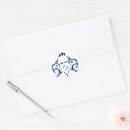 Sticker Rond Crest Bleu et blanc Delft mariage monogramme
