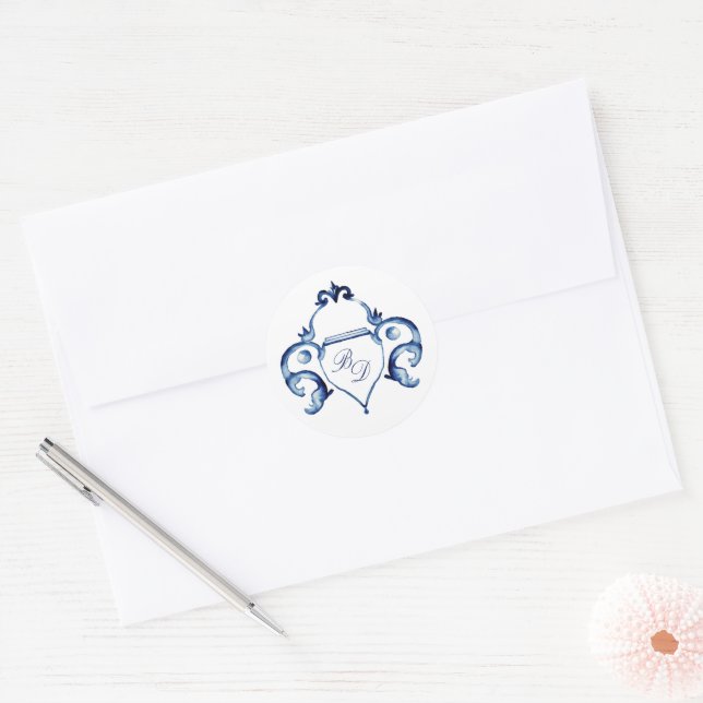 Sticker Rond Crest Bleu et blanc Delft mariage monogramme (Enveloppe)