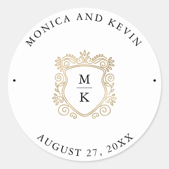 Sticker Rond Crest doré | Élégant Mariage noir et blanc (Devant)