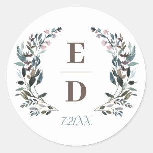 Sticker Rond Crest jardin   Blanc Bleu Mariage Monogramme Date