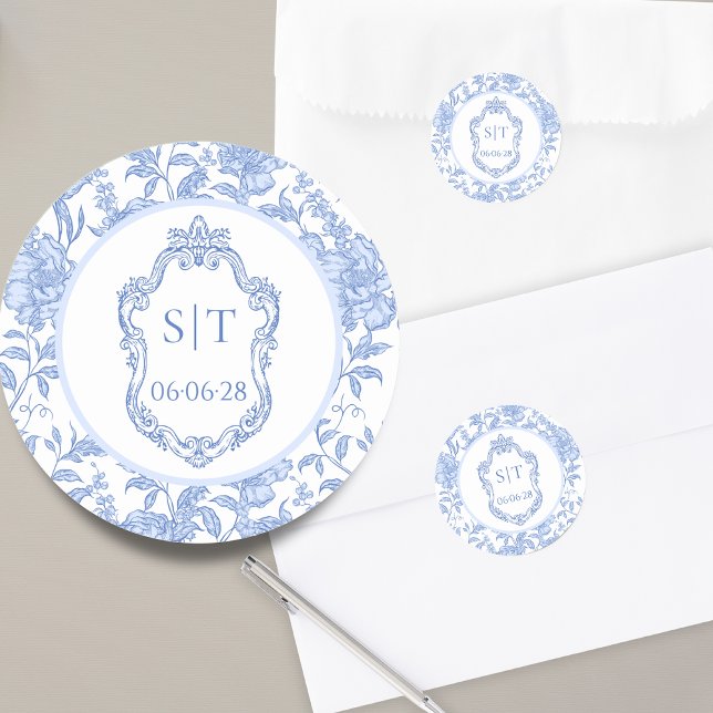 Sticker Rond Crest Monogram Delft Blue Floral Wedding (Créateur téléchargé)