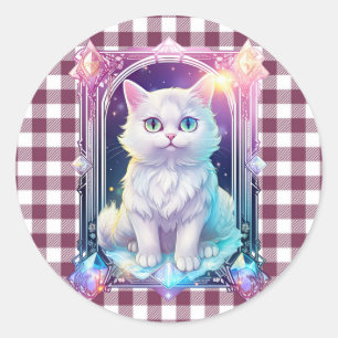 Sticker Rond Cristal Chat Violet Noir Plaid Cute Blanc Kitten
