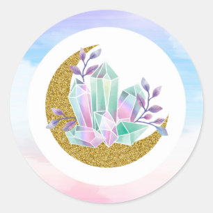 Sticker Rond Cristaux d'aquarelle & Lune Croissante en Or Bouti