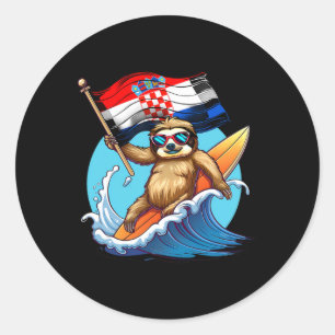 Sticker Rond Croatie Sloth Surfant Drapeau Croate Surf Croatie