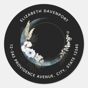 Sticker Rond Croissant de Lune Bleu avec Adresse Fleurs Blanche