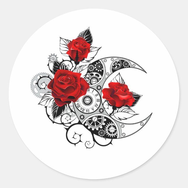 Sticker Rond Croissant mécanique avec roses rouges (Devant)