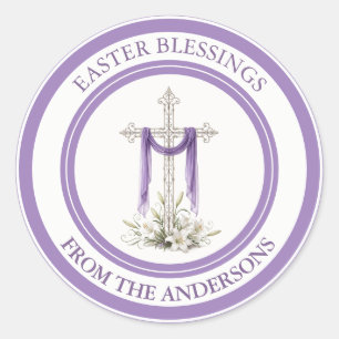 Sticker Rond Croix argentée élégante avec tissu violet