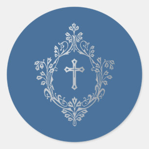 Sticker Rond Croix argentée fausse en bleu classique religieux 