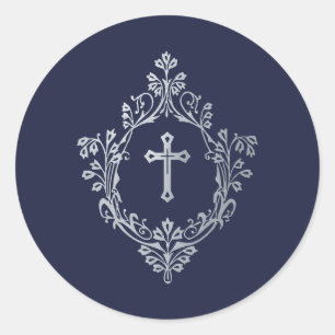Sticker Rond Croix argentée fausse marine religieuse dans une c