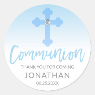 Sticker Rond Croix Bleue Blanche moderne COMMUNION Merci garçon