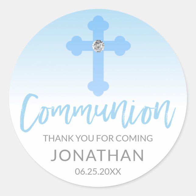 Sticker Rond Croix Bleue Blanche moderne COMMUNION Merci garçon (Devant)