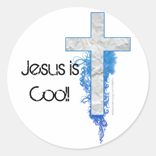 Sticker Rond Croix Bleue, Jésus est Cool ! (Devant)