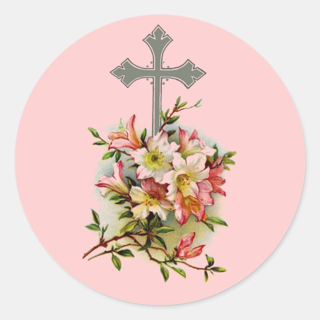 Sticker Rond Croix chrétienne florale (Devant)