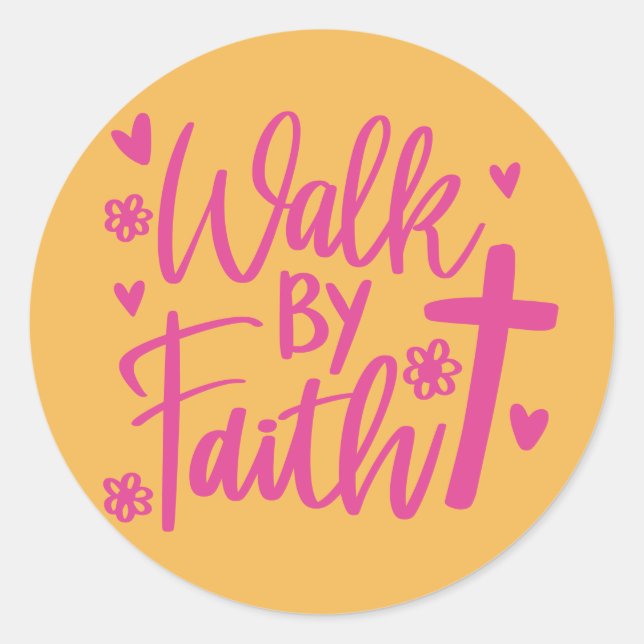 Sticker Rond Croix chrétienne Marche par la foi Jaune Rose (Devant)