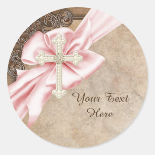 Sticker Rond Croix chrétienne rose et marron