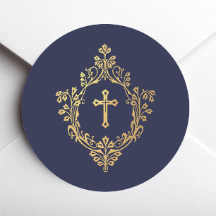 Sticker Rond Croix dans un blason bleu marine faux or élégant v