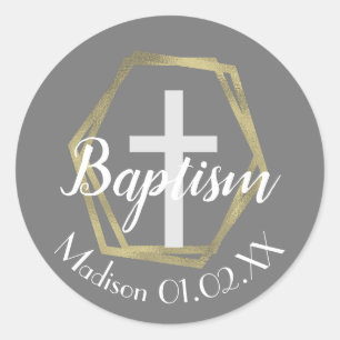 Sticker Rond Croix de baptême en feuille d'or minimaliste au no
