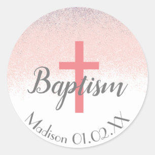 Sticker Rond Croix de baptême pailletée au nom de l'enfant