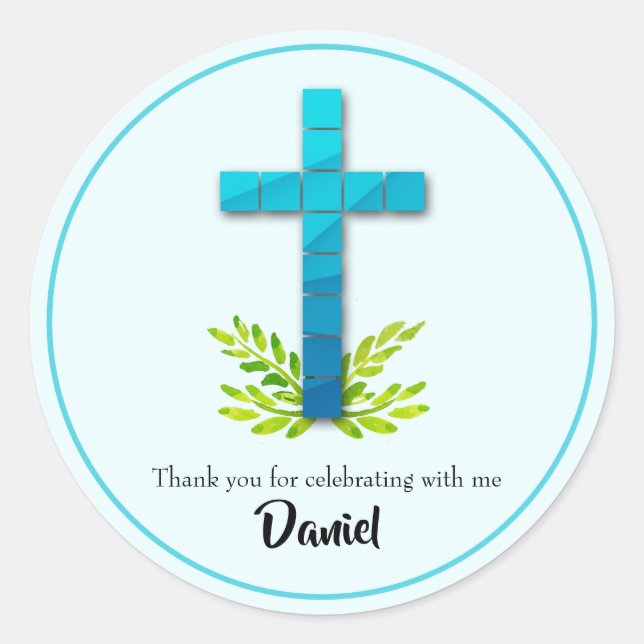 Sticker Rond Croix de la première communion en bleu (Devant)