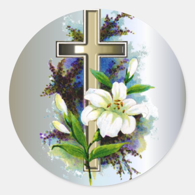 Sticker Rond Croix de Pâques d'or et fleurs de Lilly blanches (Devant)