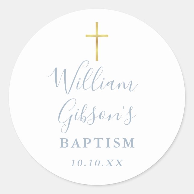 Sticker Rond Croix d'or Baptême Christening Dusty Blue (Devant)