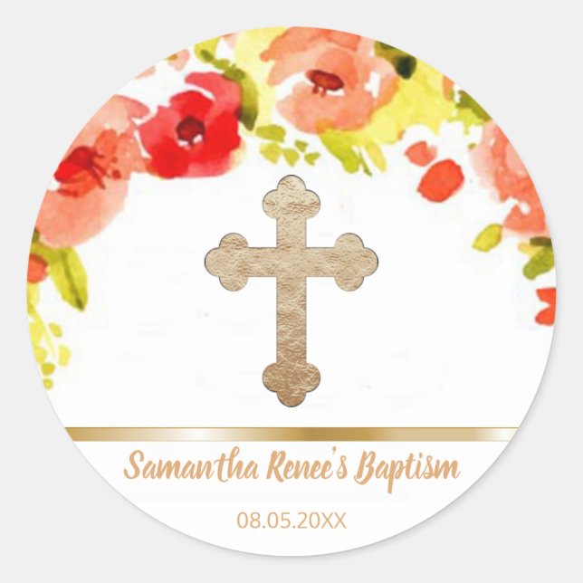 Sticker Rond Croix d'or Baptême Fleurs Merci Favoriser (Devant)