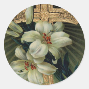 Sticker Rond Croix d'or chrétienne Pâques Lily