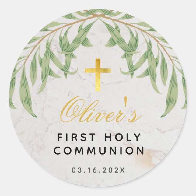 Sticker Rond Croix d'or Faux marbre de première communion (Devant)