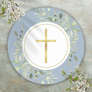 Sticker Rond Croix d'or simple Aquarelle Verdure Dusty Blue