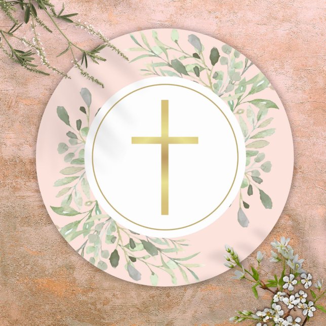 Sticker Rond Croix d'or simple Aquarelle verte rose pâle (Simple Gold Cross Watercolor Greenery Blush Pink Classic Round Sticker)